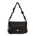 Bolso bandolera minimalista de nailon negro con correa rizada y emblema de oso plateado - Negro