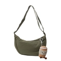 Olive green crescent crossbody nylon bag with cute coffee cup plush charm accessory - With Charm / Army Green