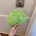 Mini lime green straw woven shell bag with golden chain strap for women and girls - Small / Green
