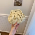 Creamy beige straw woven shell crossbody bag with a vintage gold metal chain and frame - Small / Off White