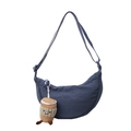Dark blue crescent crossbody fabric bag with a cute coffee cup plush charm - With Charm / Blue