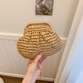 Mini straw shell bag in natural tan with woven texture and gold chain strap - Small / Khaki