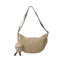 Khaki crescent nylon crossbody bag with adjustable strap and plush coffee cup pendant - With Charm / Khaki