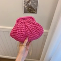 Barbie pink straw woven mini shell bag with golden metal chain strap for women - Small / Rose Red