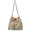 Sac à bandoulière matelassé crème avec nœuds brodés noirs et petit porte-monnaie - Blanc Cassé