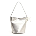 Silver PU leather bucket shoulder bag with pearl bow and heart charm for women - Silver