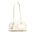 Minimalist cream white PU leather hobo bag with pearl bows and metal heart charms - White (With Charm)