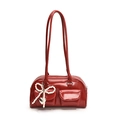 Deep red patent leather PU shoulder bag with pearl bow and heart metal charm detail - Red (With Charm)
