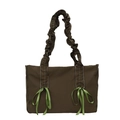 Minimalistische braune Canvas-Schultertasche mit gerafftem Griff und grünen Schleifen - Einheitsgröße / Armeegrün
