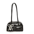 Minimalist black PU leather shoulder bag with decorative pearl bow and heart charm - Black (With Charm)