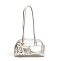 Silver PU leather shoulder bag with metallic finish and pearl bow charm accessory - Silver (With Pendant)