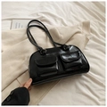 Glossy black PU leather shoulder bag with front double pockets and sleek retro design - Black (Without Charm)