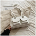 Minimalist cream white patent leather shoulder bag with double pockets and slim straps - White (Without Charm)