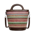 Sac seau en paille à rayures colorées avec anses en cuir marron et bandoulière amovible - Vert
