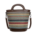 Sac seau en paille tissée multicolore avec garniture en cuir brun foncé et bandoulière - Bleu