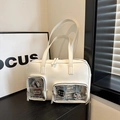 Borsa tote in pelle PU bianca con tasche trasparenti e inserti decorativi retrò - Scatola Senza Accessori / Bianco