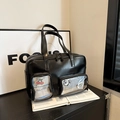 Borsa tote in pelle PU nera lucida con tasche trasparenti in PVC e fascino retrò - Scatola Senza Accessori / Nero