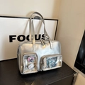 Borsa tote argento metallizzato con finestre trasparenti e lunghe tracolle sottili - Scatola Senza Accessori / Argento