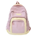 Sac à dos scolaire en nylon rose et beige avec poche filet et étiquette Hello Weekend - Rose