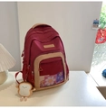 Deep burgundy nylon student backpack with Hello Weekend patch and plush toast pendant - Red (With Charm)