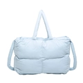 Borsa tote in nylon trapuntato celeste con manici imbottiti e dettagli di lacci laterali - Blu