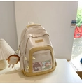 Minimalist beige and yellow nylon shoulder bag with breathable mesh front pocket - Beige (With Pendant)