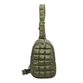 Olive green quilted nylon sling bag featuring a puffy padded texture and wide strap - Army Green