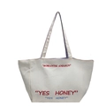 Sac fourre-tout en toile minimaliste avec broderie et doublure à rayures bleues - Blanc Cassé