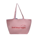 Sac fourre-tout en toile rose avec slogan Good things happen et doublure rayée - Rose