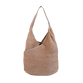 Modische gestrickte Strohtasche in Beige mit braunen Ledergriffen und ovalem Boden - Khaki