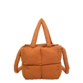Orange puffer tote bag in quilted nylon fabric with top handles and shoulder strap - Brown