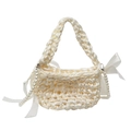 Borsa a tracolla in tessuto intrecciato bianco crema con tracolla di perle e fiocco laterale - Bianco Sporco