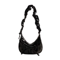Chic black faux leather crescent bag with bow detail and ruffled shoulder strap - Black