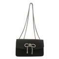 Elegante schwarze PU-Lederhandtasche mit funkelnder silberner Strass-Schleife und Kettenriemen - Schwarz