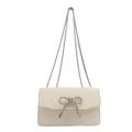 Minimalist white PU leather shoulder bag with a sparkling silver rhinestone bow detail - White