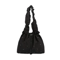Schicke schwarze Plissee-Tasche mit Silber-Strasssteinen und gerafftem Kordelzug-Gurt - Schwarz