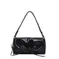 Borsa a spalla minimalista in pelle PU nera con tracolla intrecciata e fiocco frontale - Nero
