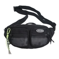 Versatile black nylon crossbody waist bag with functional pockets and neon decorative cord - Black