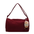 Deep red canvas crossbody bag with adjustable strap and cute coffee cup plush charm - Burgundy (With Pendant)