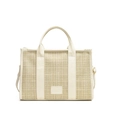 Sac cabas tissé crème avec poignées en cuir et bandoulière réglable amovible - Blanc