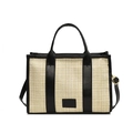 Sac fourre-tout en paille tissée beige avec finitions en cuir noir et bandoulière - Noir