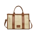 Sac fourre-tout en paille beige avec garniture en similicuir marron et bandoulière - Marron