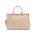 Beige woven straw tote bag with pink faux leather trim and adjustable strap - Pink