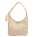 Cream canvas shoulder bag with floral embroidery and lace bow tie detail in white - Beige