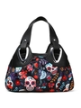 Black leather handle handbag featuring colorful skull and floral print on dark fabric - Black