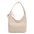 Beige canvas shoulder bag featuring white floral lace embroidery and a red silk scarf - White