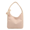 Pink canvas shoulder bag featuring floral lace embroidery and a decorative ribbon bow - Pink