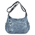 Borsa a tracolla blu denim multitasche con cinturino etnico e pelle PU lavata vintage - Blu