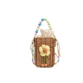 Summer straw crossbody bucket bag with yellow fabric flower and colorful beaded handle - Vertical Style - Colored Bead Strap / Khaki