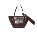 Chic chocolate brown faux leather handbag with crocodile pattern and golden buckles - Brown